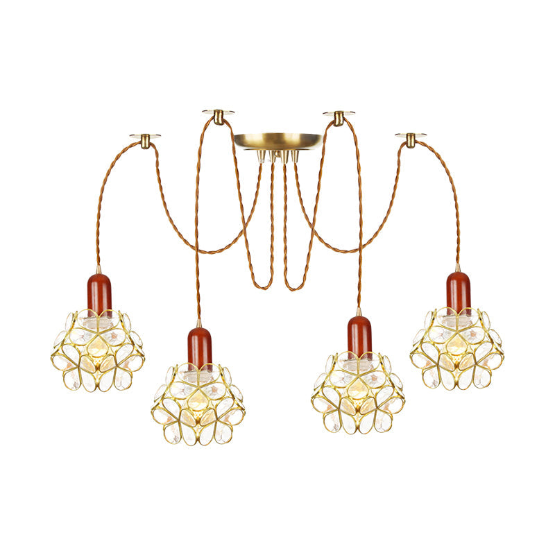 2/3/4-Head Clear Water Glass Pendant Light Traditional Gold Flower Bedroom Swag Multiple Hanging Lamp Clearhalo 'Ceiling Lights' 'Glass shade' 'Glass' 'Pendant Lights' 'Pendants' Lighting' 701964