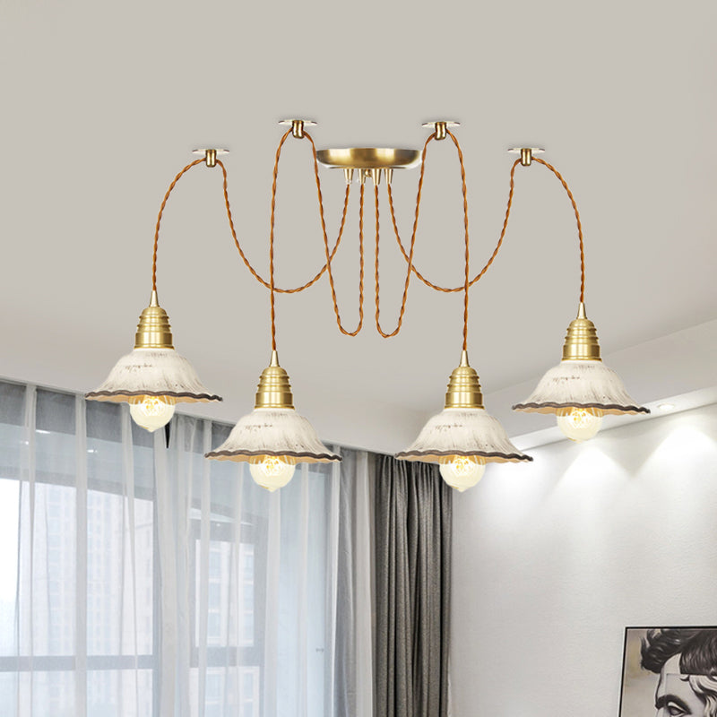 2/4/6 Bulbs Scalloped Multi Light Pendant Traditional Gold Ceramics Swag Hanging Lamp Kit Clearhalo 'Ceiling Lights' 'Pendant Lights' 'Pendants' Lighting' 701982