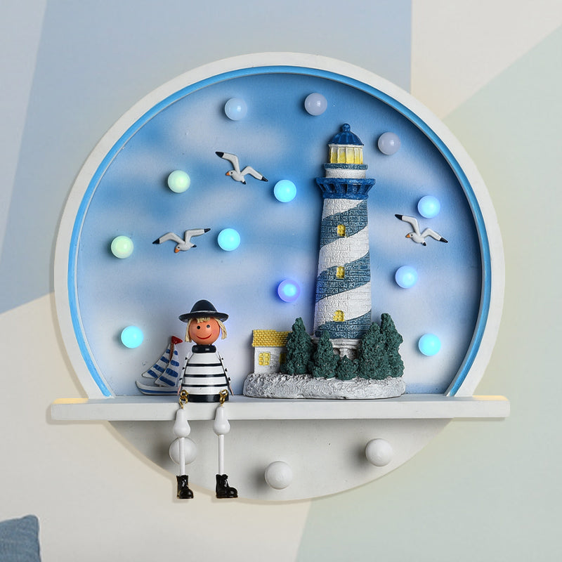 Wood Lighthouse Wall Sconce Kids LED Round Wall Lighting in White and Blue, White/3 Color Light White Clearhalo 'Wall Lamps & Sconces' 'Wall Lights' Lighting' 702143