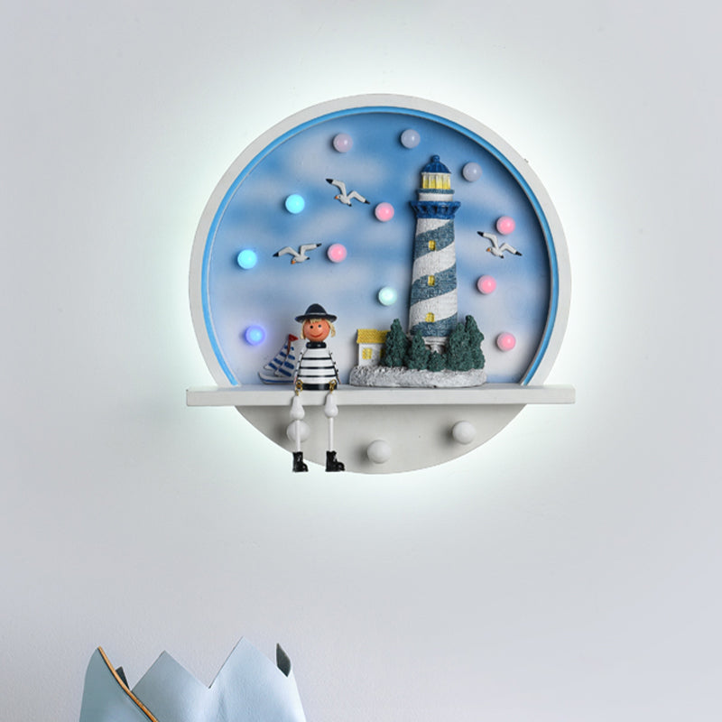Wood Lighthouse Wall Sconce Kids LED Round Wall Lighting in White and Blue, White/3 Color Light Clearhalo 'Wall Lamps & Sconces' 'Wall Lights' Lighting' 702144