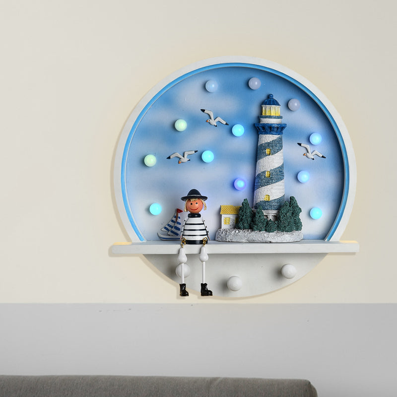 Wood Lighthouse Wall Sconce Kids LED Round Wall Lighting in White and Blue, White/3 Color Light Clearhalo 'Wall Lamps & Sconces' 'Wall Lights' Lighting' 702145