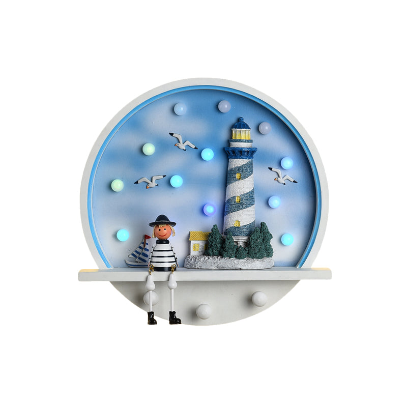 Wood Lighthouse Wall Sconce Kids LED Round Wall Lighting in White and Blue, White/3 Color Light Clearhalo 'Wall Lamps & Sconces' 'Wall Lights' Lighting' 702146