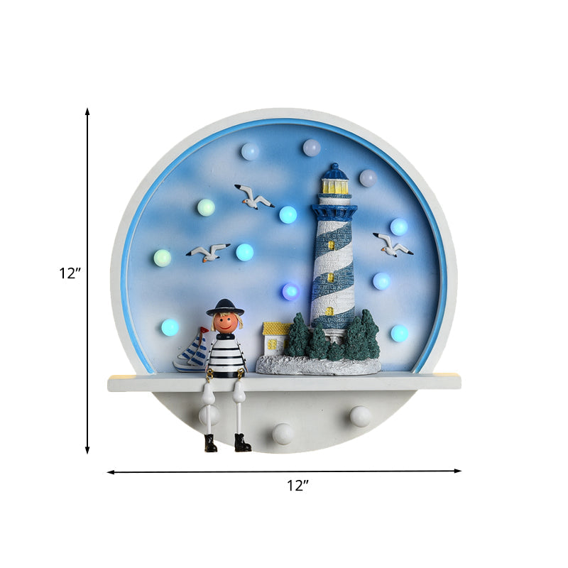 Wood Lighthouse Wall Sconce Kids LED Round Wall Lighting in White and Blue, White/3 Color Light Clearhalo 'Wall Lamps & Sconces' 'Wall Lights' Lighting' 702147