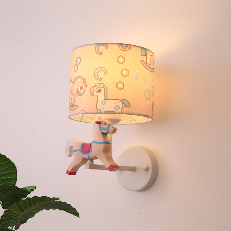 Trojan Horse Shape Wall Light Sconce Cartoon Resin 1 Light LED Pink/Blue Wall Lamp with Drum Fabric Shade Clearhalo 'Wall Lamps & Sconces' 'Wall Lights' Lighting' 702306