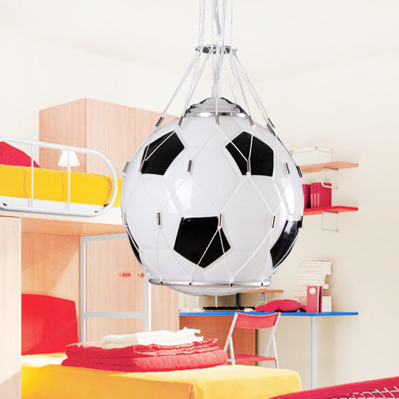 Cartoon Football Hanging Light White Glass 1 Light Kids Room Pendant Lamp in Black with Mesh White Clearhalo 'Ceiling Lights' 'Glass shade' 'Glass' 'Pendant Lights' 'Pendants' Lighting' 702401