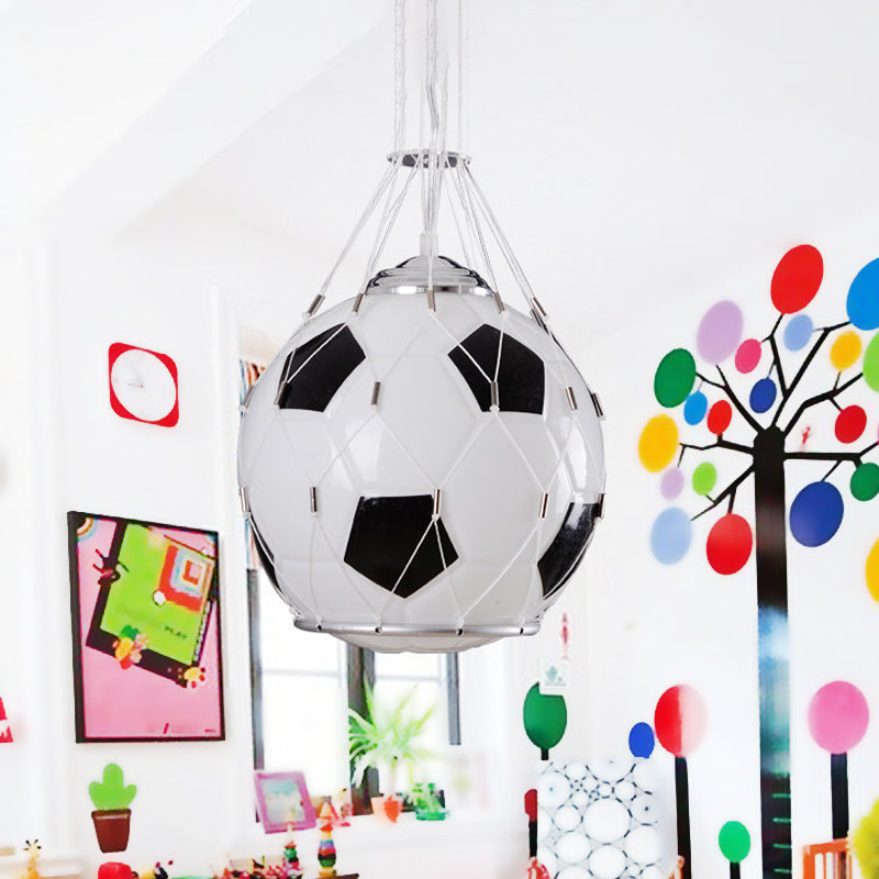 Cartoon Football Hanging Light White Glass 1 Light Kids Room Pendant Lamp in Black with Mesh Clearhalo 'Ceiling Lights' 'Glass shade' 'Glass' 'Pendant Lights' 'Pendants' Lighting' 702402