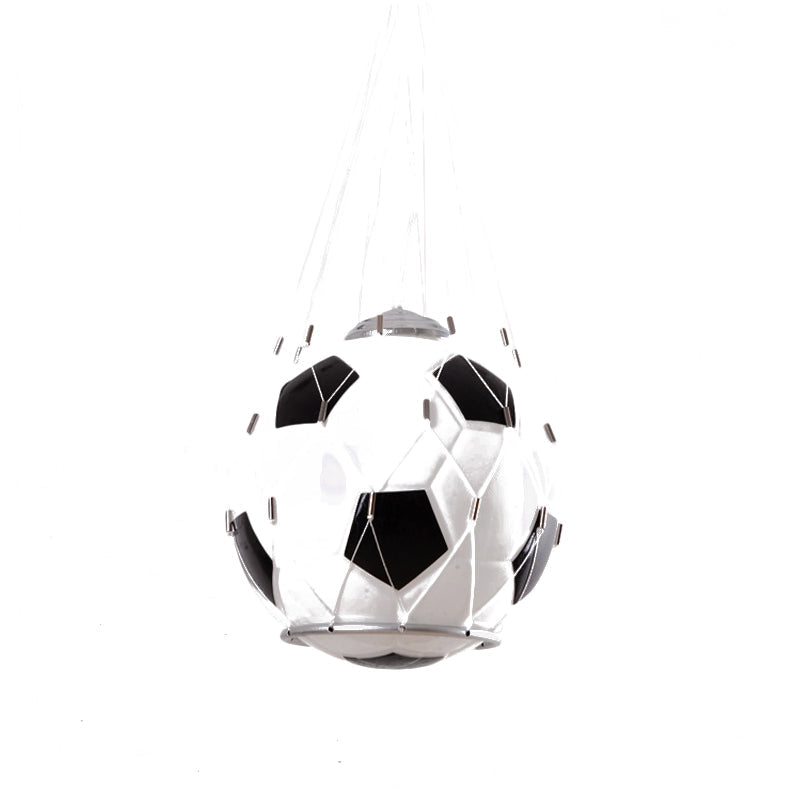 Cartoon Football Hanging Light White Glass 1 Light Kids Room Pendant Lamp in Black with Mesh Clearhalo 'Ceiling Lights' 'Glass shade' 'Glass' 'Pendant Lights' 'Pendants' Lighting' 702403