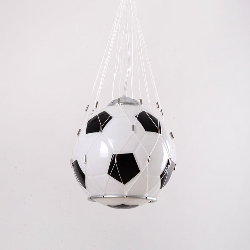 Cartoon Football Hanging Light White Glass 1 Light Kids Room Pendant Lamp in Black with Mesh Clearhalo 'Ceiling Lights' 'Glass shade' 'Glass' 'Pendant Lights' 'Pendants' Lighting' 702404