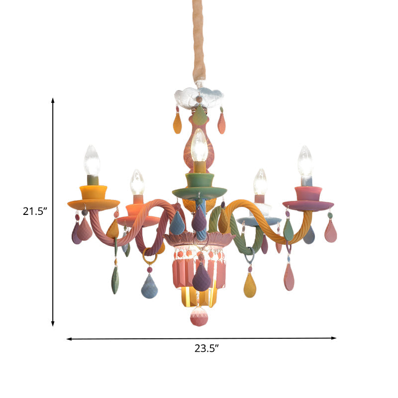 Kids Candle Ceiling Chandelier Crystal 3/5/6-Bulb Girls Bedroom Pendant Lighting in Pink with Curved Arm Clearhalo 'Ceiling Lights' 'Chandeliers' Lighting' options 702427