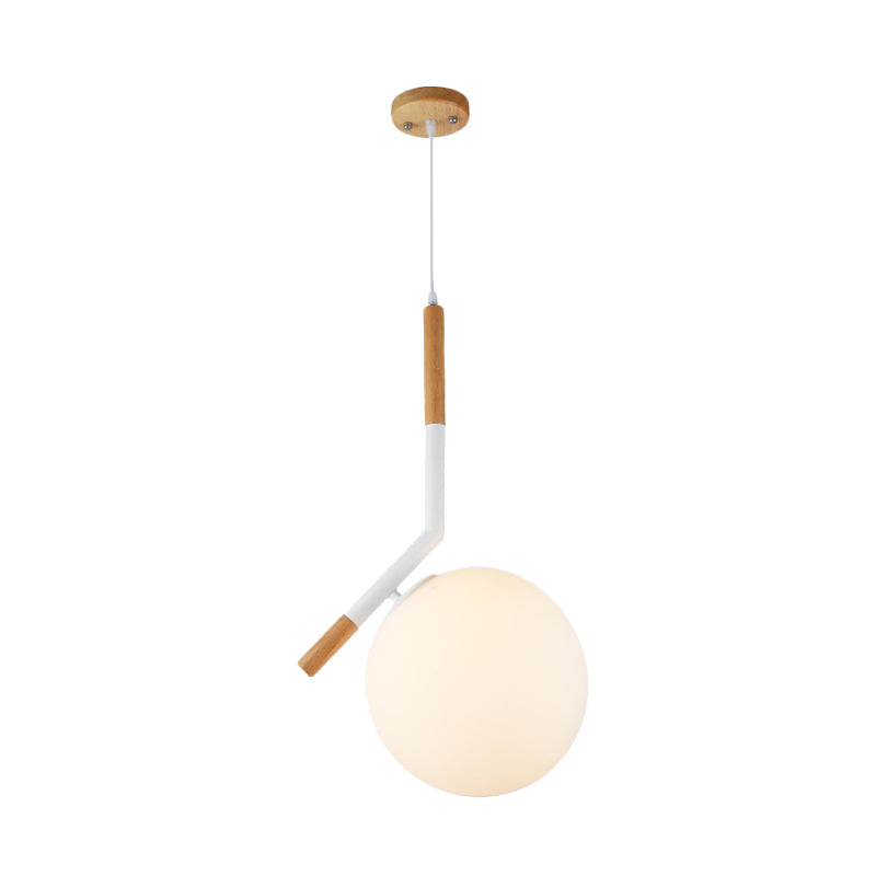 White Glass Globe Pendant Light Modern 1-Head Wood Hanging Lamp Kit with Angled Rod, 11.5