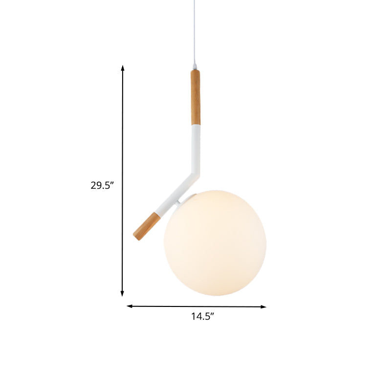 White Glass Globe Pendant Light Modern 1-Head Wood Hanging Lamp Kit with Angled Rod, 11.5