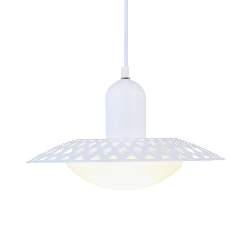 White Finish Hollowed Dosa Pendant Modern 1 Head Metal Ceiling Lamp with Dome Acrylic Shade, 12