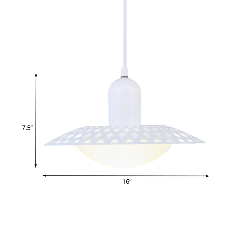 White Finish Hollowed Dosa Pendant Modern 1 Head Metal Ceiling Lamp with Dome Acrylic Shade, 12