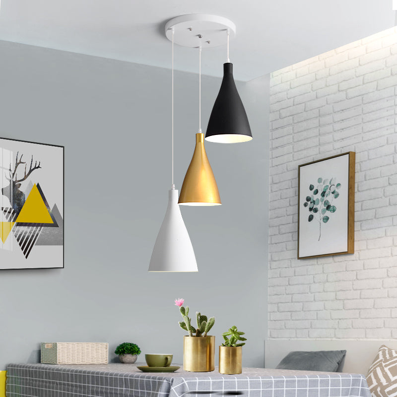 Modernist 3 Lights Multi Light Pendant White-Black-Gold Conical Ceiling Lamp with Metal Shade, Round/Linear Canopy Black-Gold Round Clearhalo 'Ceiling Lights' 'Modern Pendants' 'Modern' 'Pendant Lights' 'Pendants' Lighting' 702744