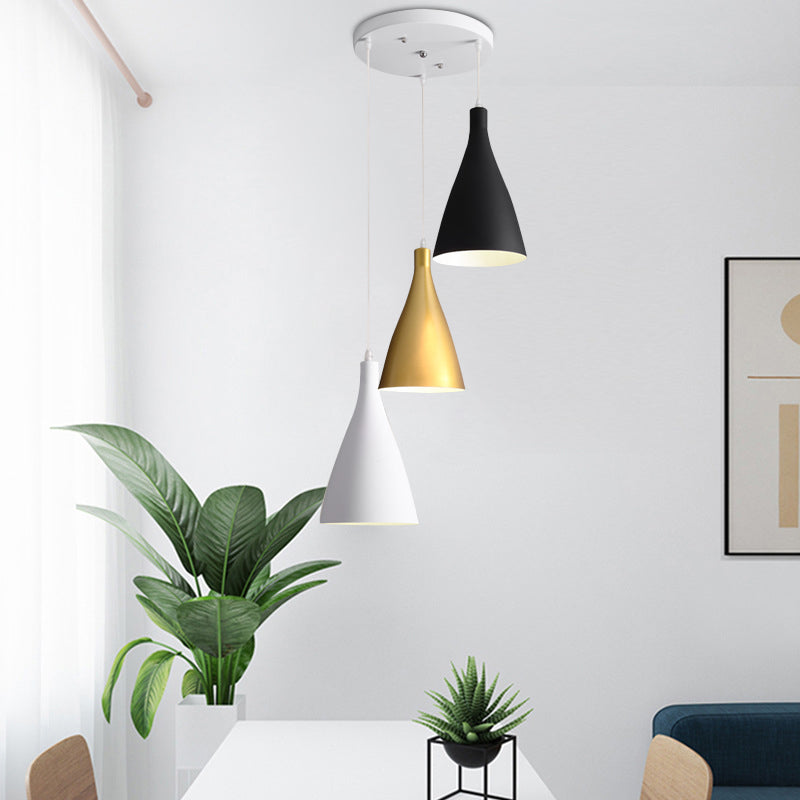 Modernist 3 Lights Multi Light Pendant White-Black-Gold Conical Ceiling Lamp with Metal Shade, Round/Linear Canopy Clearhalo 'Ceiling Lights' 'Modern Pendants' 'Modern' 'Pendant Lights' 'Pendants' Lighting' 702745