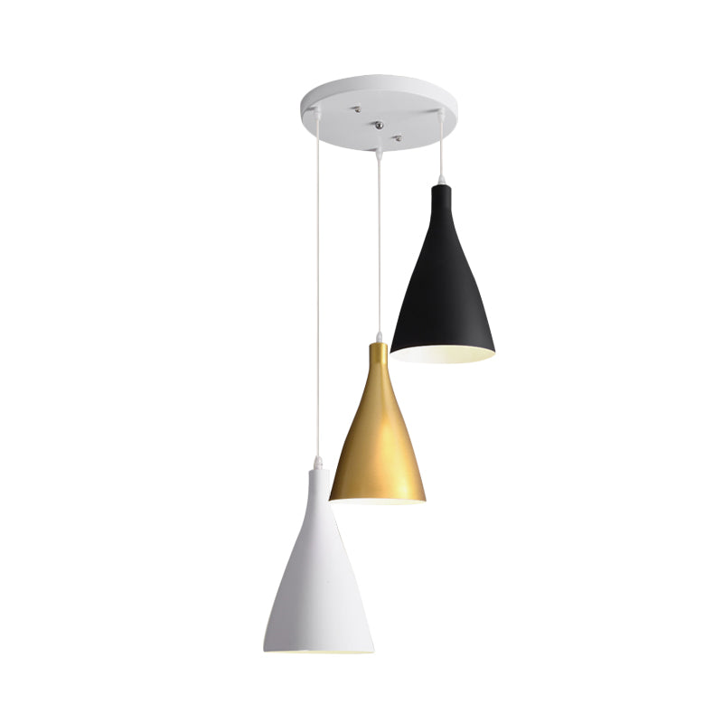 Modernist 3 Lights Multi Light Pendant White-Black-Gold Conical Ceiling Lamp with Metal Shade, Round/Linear Canopy Clearhalo 'Ceiling Lights' 'Modern Pendants' 'Modern' 'Pendant Lights' 'Pendants' Lighting' 702746