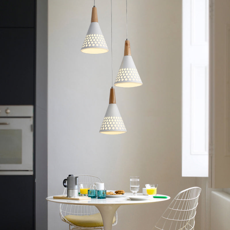 Iron Cone Cluster Pendant Light Modernist 3-Head Suspension Lamp with Hollow Out Grid Design in White and Wood White Clearhalo 'Ceiling Lights' 'Modern Pendants' 'Modern' 'Pendant Lights' 'Pendants' Lighting' 702753