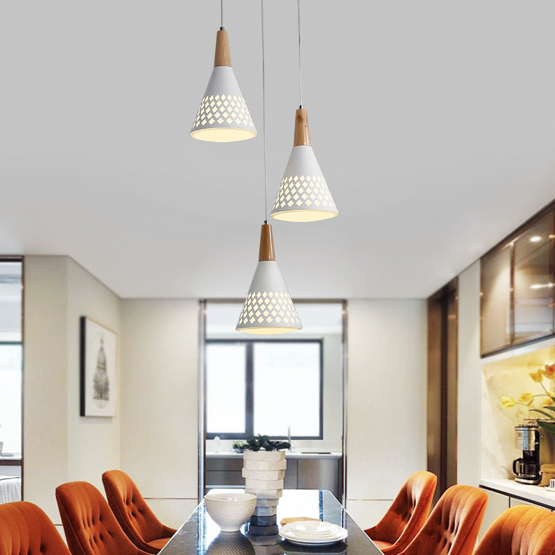 Iron Cone Cluster Pendant Light Modernist 3-Head Suspension Lamp with Hollow Out Grid Design in White and Wood Clearhalo 'Ceiling Lights' 'Modern Pendants' 'Modern' 'Pendant Lights' 'Pendants' Lighting' 702755