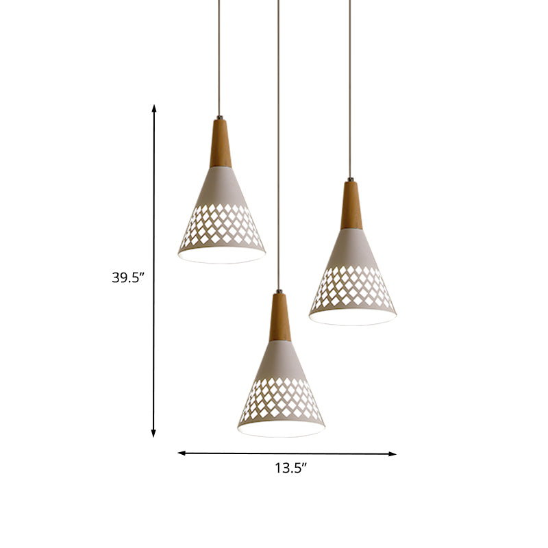 Iron Cone Cluster Pendant Light Modernist 3-Head Suspension Lamp with Hollow Out Grid Design in White and Wood Clearhalo 'Ceiling Lights' 'Modern Pendants' 'Modern' 'Pendant Lights' 'Pendants' Lighting' 702757