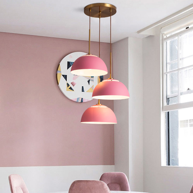 3 Lights Dining Room Cluster Pendant Macaron White/Pink/Green Finish Down Lighting with Dome Iron Shade Pink Clearhalo 'Ceiling Lights' 'Modern Pendants' 'Modern' 'Pendant Lights' 'Pendants' Lighting' 702763