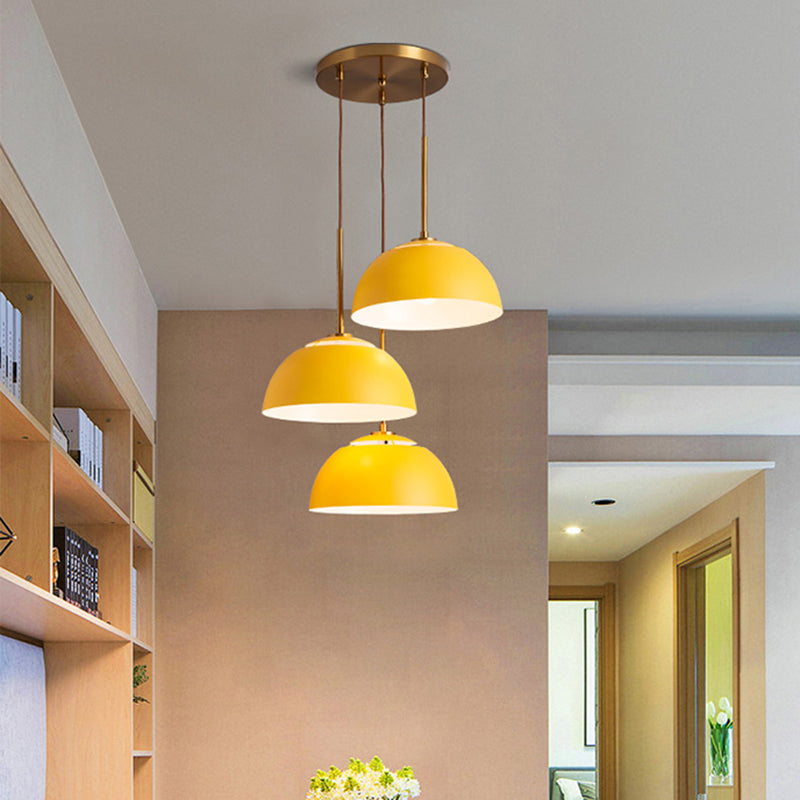 3 Lights Dining Room Cluster Pendant Macaron White/Pink/Green Finish Down Lighting with Dome Iron Shade Yellow Clearhalo 'Ceiling Lights' 'Modern Pendants' 'Modern' 'Pendant Lights' 'Pendants' Lighting' 702766