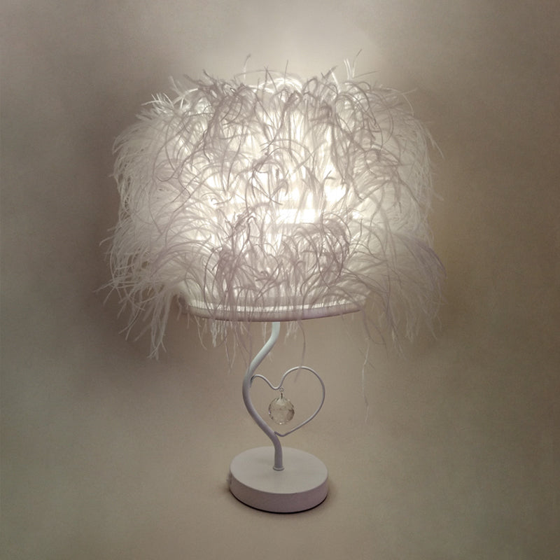 White Feather Night Table Lighting Modern 1-Bulb Fabric Desk Lamp for Bedside with Crystal Drop Clearhalo 'Lamps' 'Table Lamps' Lighting' 702937