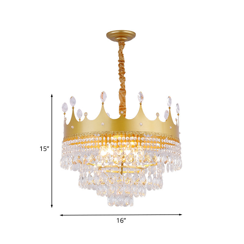 Crown Bedroom Chandelier Metallic 2/4/6 Heads Kids Pendant Light Fixture in Gold with Crystal Drop Deco Clearhalo 'Ceiling Lights' 'Chandeliers' Lighting' options 717563