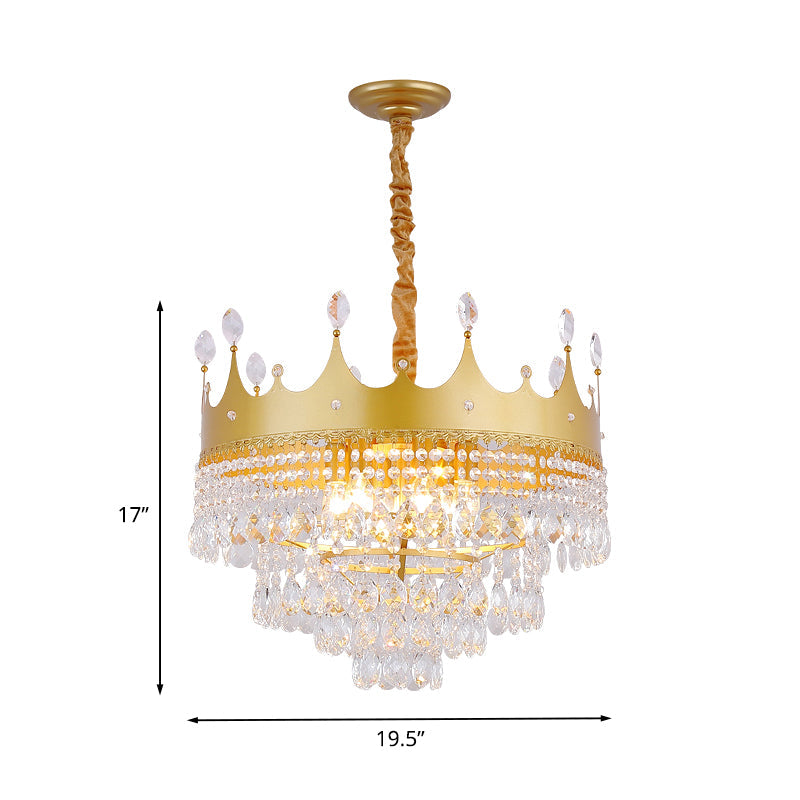 Crown Bedroom Chandelier Metallic 2/4/6 Heads Kids Pendant Light Fixture in Gold with Crystal Drop Deco Clearhalo 'Ceiling Lights' 'Chandeliers' Lighting' options 717564