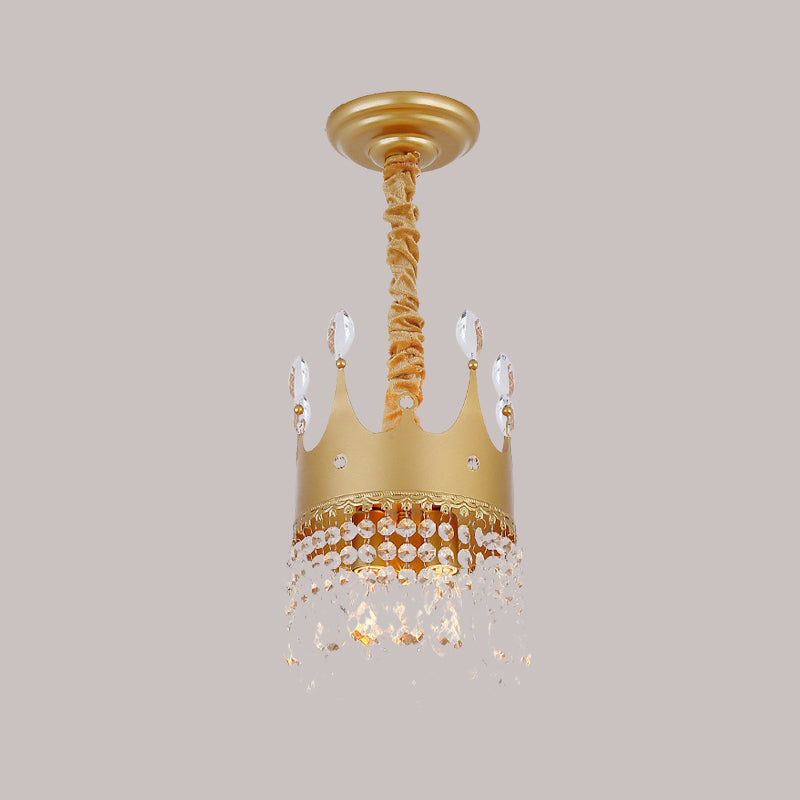 Crown Bedroom Chandelier Metallic 2/4/6 Heads Kids Pendant Light Fixture in Gold with Crystal Drop Deco Clearhalo 'Ceiling Lights' 'Chandeliers' Lighting' options 717568