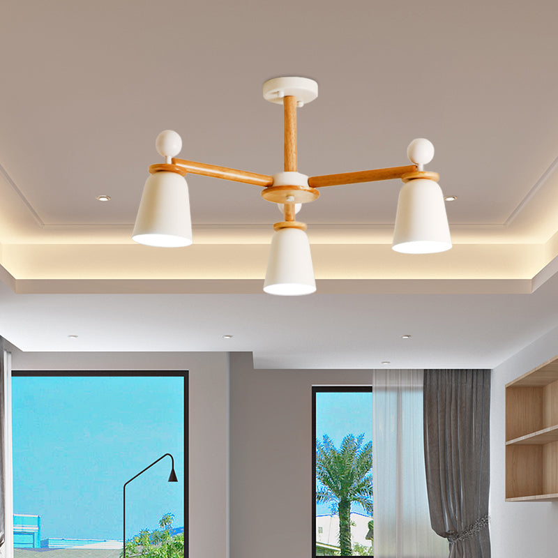 White Finish Bell Semi Flush Lighting Modernist 3/6 Lights Iron Ceiling Mounted Lamp with Wood Arm Clearhalo 'Ceiling Lights' 'Close To Ceiling Lights' 'Close to ceiling' 'Semi-flushmount' Lighting' 717571
