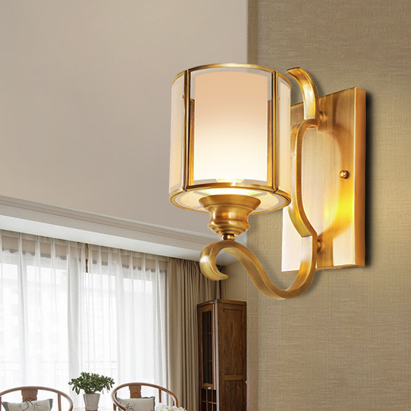 Translucent Glass Cylinder Sconce Lighting Vintage 1/2-Light Corner Wall Lamp Fixture in Gold with Curved Arm Clearhalo 'Wall Lamps & Sconces' 'Wall Lights' Lighting' 727789