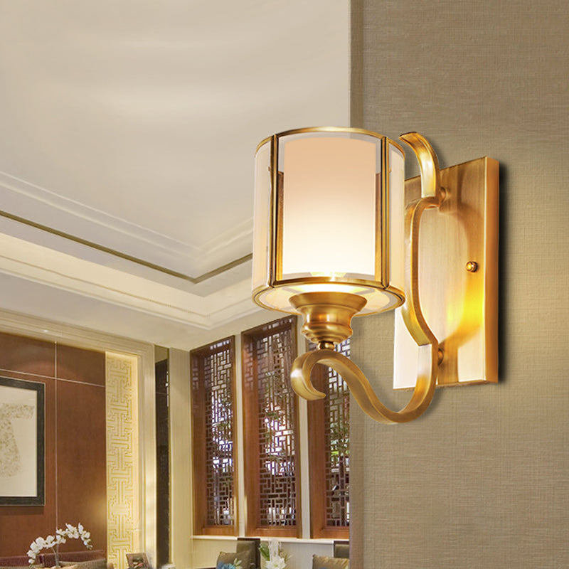 Translucent Glass Cylinder Sconce Lighting Vintage 1/2-Light Corner Wall Lamp Fixture in Gold with Curved Arm Clearhalo 'Wall Lamps & Sconces' 'Wall Lights' Lighting' 727790