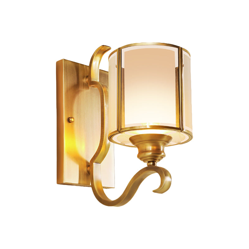 Translucent Glass Cylinder Sconce Lighting Vintage 1/2-Light Corner Wall Lamp Fixture in Gold with Curved Arm Clearhalo 'Wall Lamps & Sconces' 'Wall Lights' Lighting' 727791