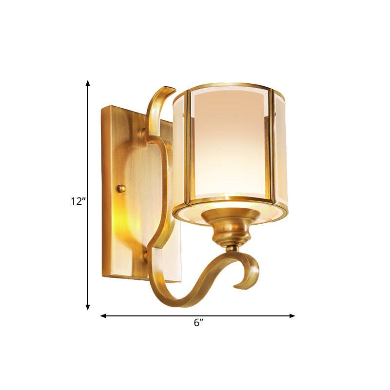 Translucent Glass Cylinder Sconce Lighting Vintage 1/2-Light Corner Wall Lamp Fixture in Gold with Curved Arm Clearhalo 'Wall Lamps & Sconces' 'Wall Lights' Lighting' 727792