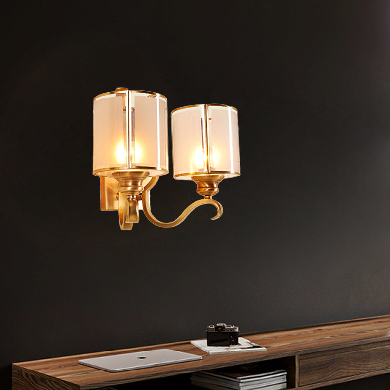 Translucent Glass Cylinder Sconce Lighting Vintage 1/2-Light Corner Wall Lamp Fixture in Gold with Curved Arm Clearhalo 'Wall Lamps & Sconces' 'Wall Lights' Lighting' 727794