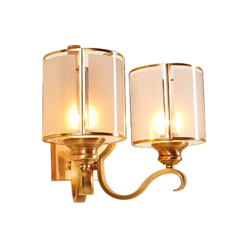 Translucent Glass Cylinder Sconce Lighting Vintage 1/2-Light Corner Wall Lamp Fixture in Gold with Curved Arm Clearhalo 'Wall Lamps & Sconces' 'Wall Lights' Lighting' 727795