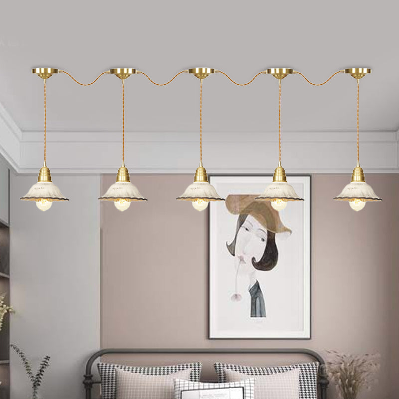 Traditional Scalloped Multiple Hanging Light 3/5/7-Bulb Ceramics Suspension Lamp in Gold with Series Connection Design Clearhalo 'Ceiling Lights' 'Pendant Lights' 'Pendants' Lighting' 727884