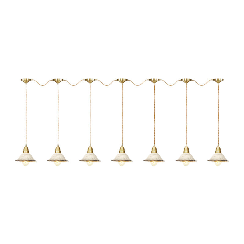 Traditional Scalloped Multiple Hanging Light 3/5/7-Bulb Ceramics Suspension Lamp in Gold with Series Connection Design Clearhalo 'Ceiling Lights' 'Pendant Lights' 'Pendants' Lighting' 727891