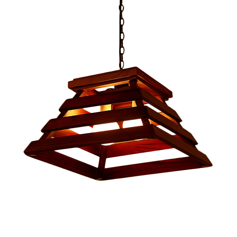 Trapezoid Cage Dining Room Pendant Light Kit Traditional Wood 2-Bulb Brown Hanging Chandelier Clearhalo 'Ceiling Lights' 'Chandeliers' Lighting' options 728016