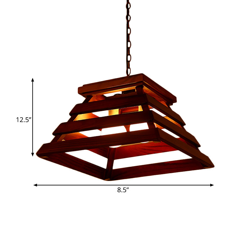 Trapezoid Cage Dining Room Pendant Light Kit Traditional Wood 2-Bulb Brown Hanging Chandelier Clearhalo 'Ceiling Lights' 'Chandeliers' Lighting' options 728018