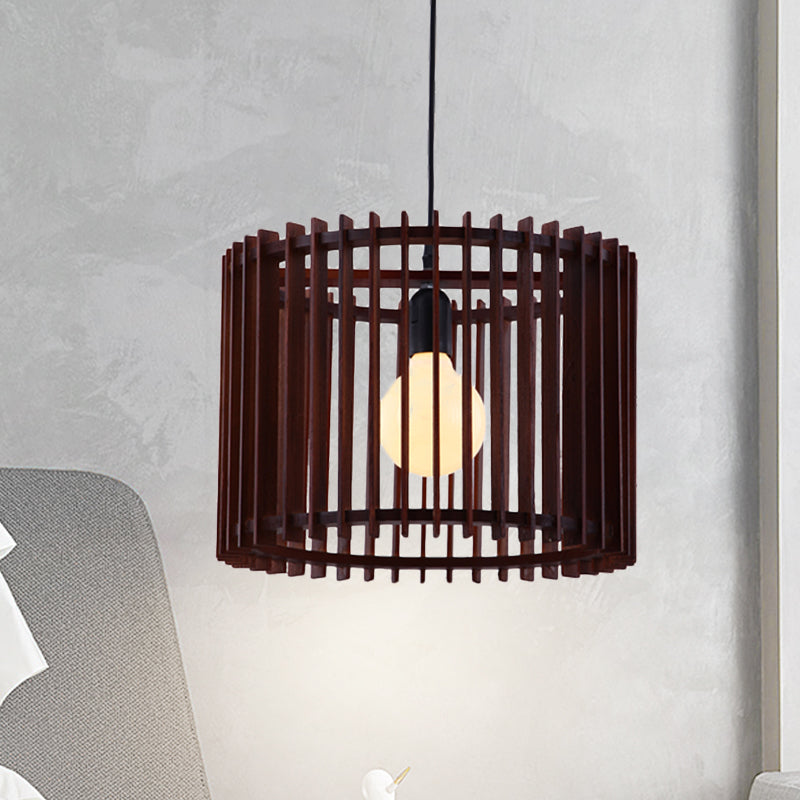 Brown 1 Light Hanging Lamp Kit Classic Wood Cylinder Cage Pendant Lighting Fixture Clearhalo 'Ceiling Lights' 'Pendant Lights' 'Pendants' Lighting' 728019