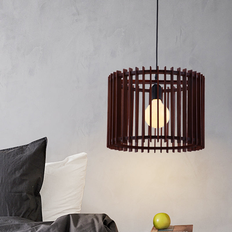 Brown 1 Light Hanging Lamp Kit Classic Wood Cylinder Cage Pendant Lighting Fixture Clearhalo 'Ceiling Lights' 'Pendant Lights' 'Pendants' Lighting' 728020