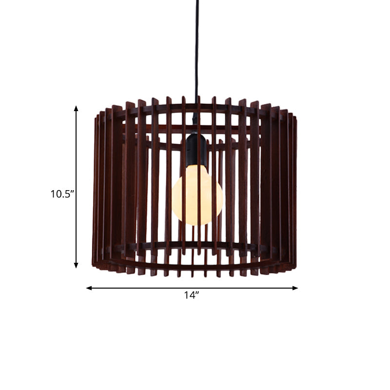 Brown 1 Light Hanging Lamp Kit Classic Wood Cylinder Cage Pendant Lighting Fixture Clearhalo 'Ceiling Lights' 'Pendant Lights' 'Pendants' Lighting' 728023