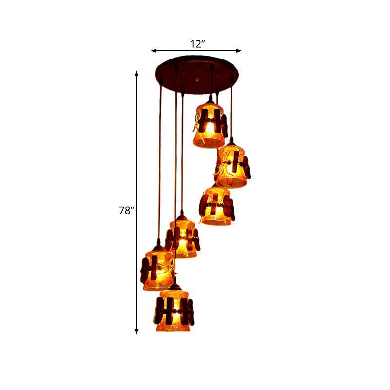 Bell Yellow Crackle Glass Cluster Pendant Classic 6 Lights Restaurant Wood Hanging Ceiling Light in Brown Clearhalo 'Ceiling Lights' 'Pendant Lights' 'Pendants' Lighting' 728063