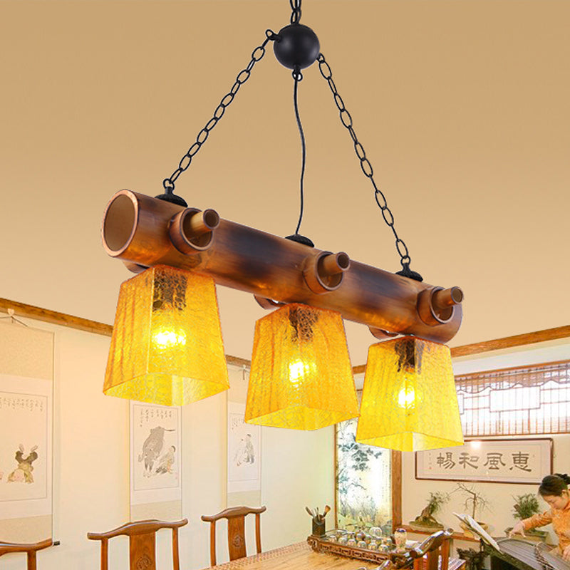 Trapezoid Yellow Water Glass Island Lamp Countryside 3-Bulb Dining Room Pendant Light in Brown with Linear Bamboo Beam Brown Clearhalo 'Ceiling Lights' 'Island Lights' Lighting' 728132
