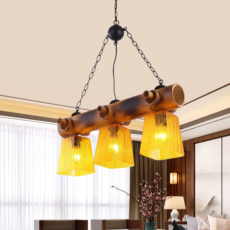 Trapezoid Yellow Water Glass Island Lamp Countryside 3-Bulb Dining Room Pendant Light in Brown with Linear Bamboo Beam Clearhalo 'Ceiling Lights' 'Island Lights' Lighting' 728133