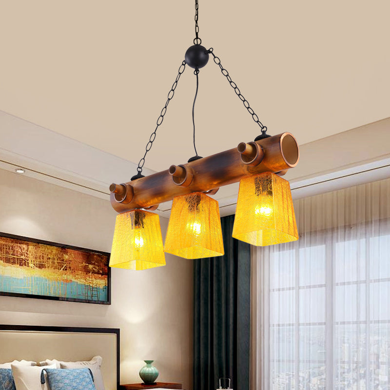Trapezoid Yellow Water Glass Island Lamp Countryside 3-Bulb Dining Room Pendant Light in Brown with Linear Bamboo Beam Clearhalo 'Ceiling Lights' 'Island Lights' Lighting' 728134