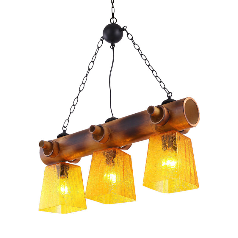 Trapezoid Yellow Water Glass Island Lamp Countryside 3-Bulb Dining Room Pendant Light in Brown with Linear Bamboo Beam Clearhalo 'Ceiling Lights' 'Island Lights' Lighting' 728135