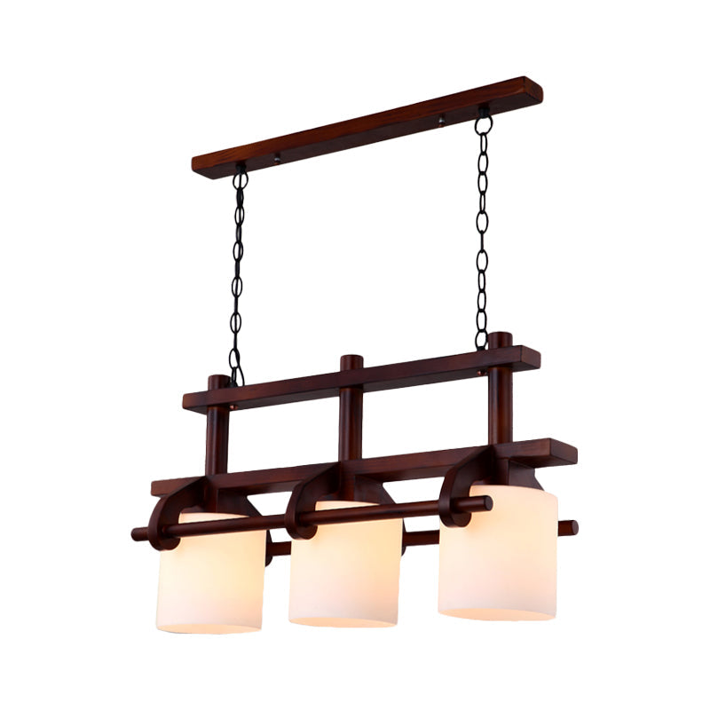 White Glass Cylinder Island Light Rural 2/3 Heads Dining Room Hanging Lamp Kit in Brown with Wood Beam Clearhalo 'Ceiling Lights' 'Island Lights' Lighting' 728144