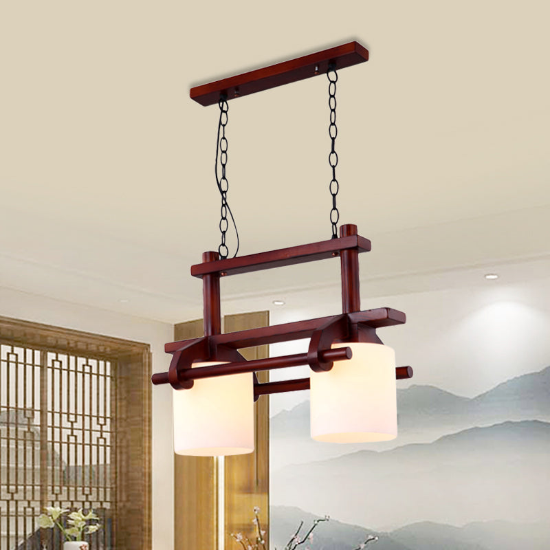 White Glass Cylinder Island Light Rural 2/3 Heads Dining Room Hanging Lamp Kit in Brown with Wood Beam 2 Brown Clearhalo 'Ceiling Lights' 'Island Lights' Lighting' 728147